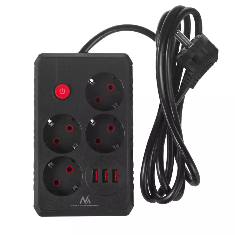 Pistikupesadega pikendusjuhe MACLEAN MCE392 B — 4 pistikupesa, 3×USB, 110–240V, 2,1A, 2500W, 1,5 m kaabel, must