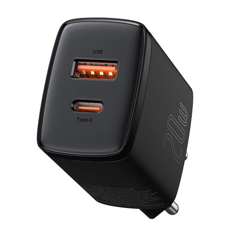 Sisene USB kiirlaadija Baseus CCXJ-B01 — 2 porti (USB-C PD 20W + USB-A QC3.0 18W), 100–240 V, must