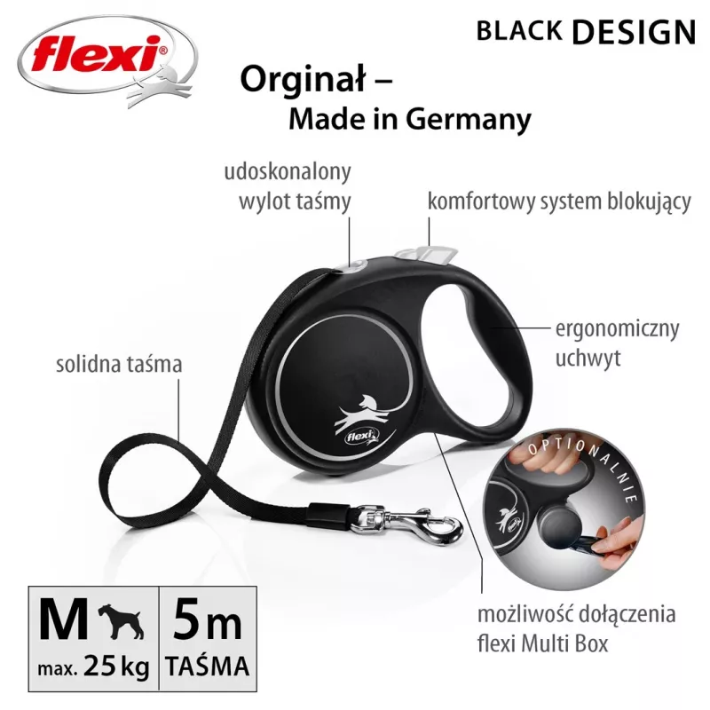 Sissetõmmatav koerarihm Flexi Must Design M, lindiga, 5 m, keskmist tõugu koertele (10–25 kg), max koormus 20 kg