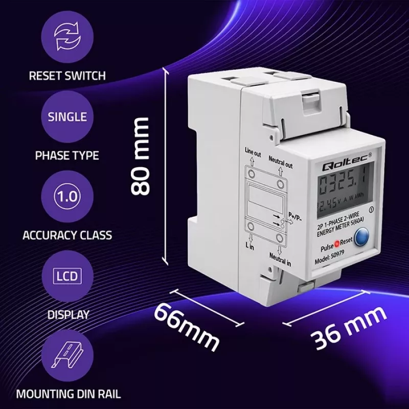 Energiaarvesti QOLTEC Ühefaasiline DIN-liistule 230V (MPN 50979)