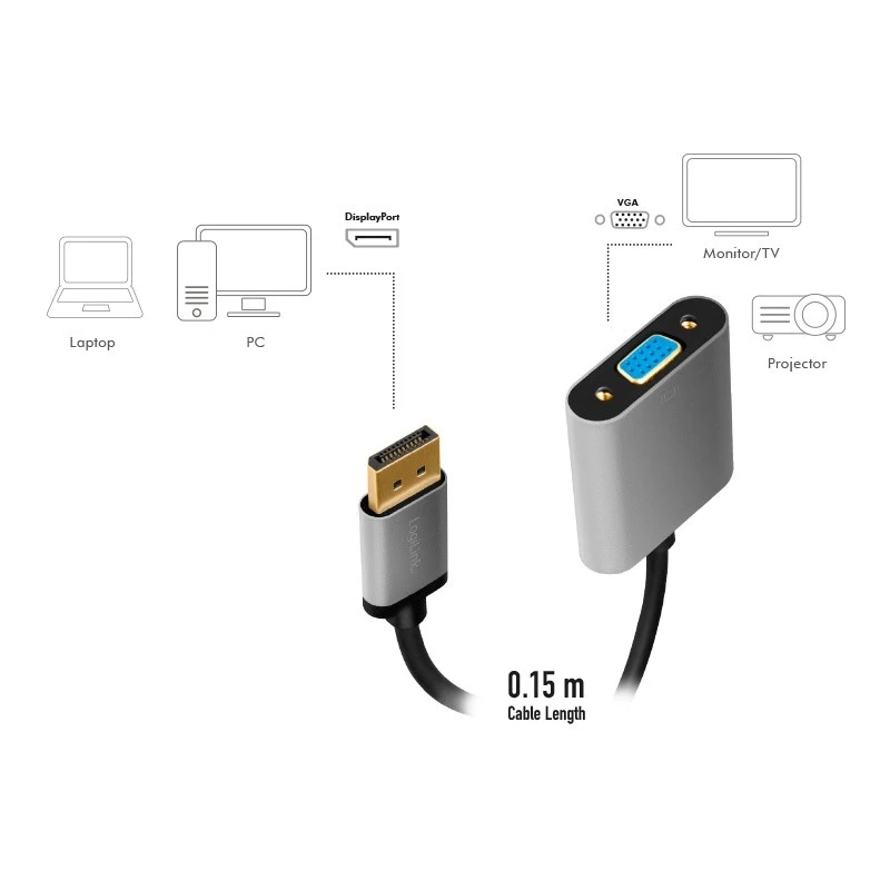 LogiLink CDA0109 kaablisoo muundur DisplayPort->VGA 0,15 m hall/must