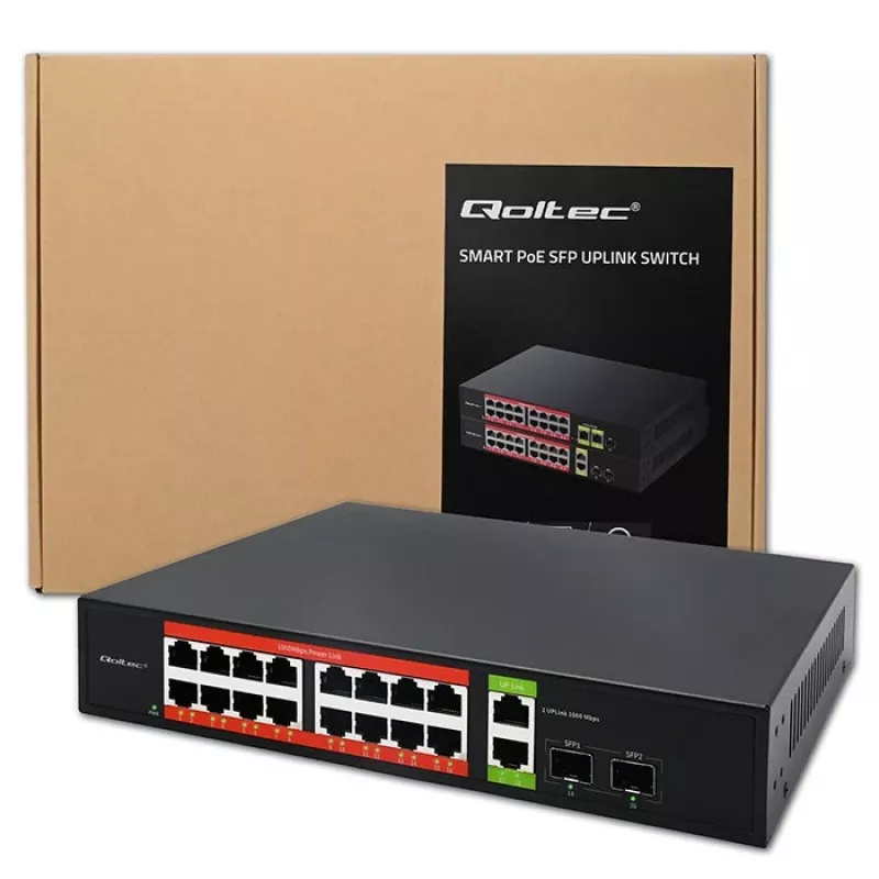 Võrgulüliti QOLTEC 52292 — Gigabit Ethernet PoE, 16x RJ45, 2x RJ45 uplink, 2x SFP
