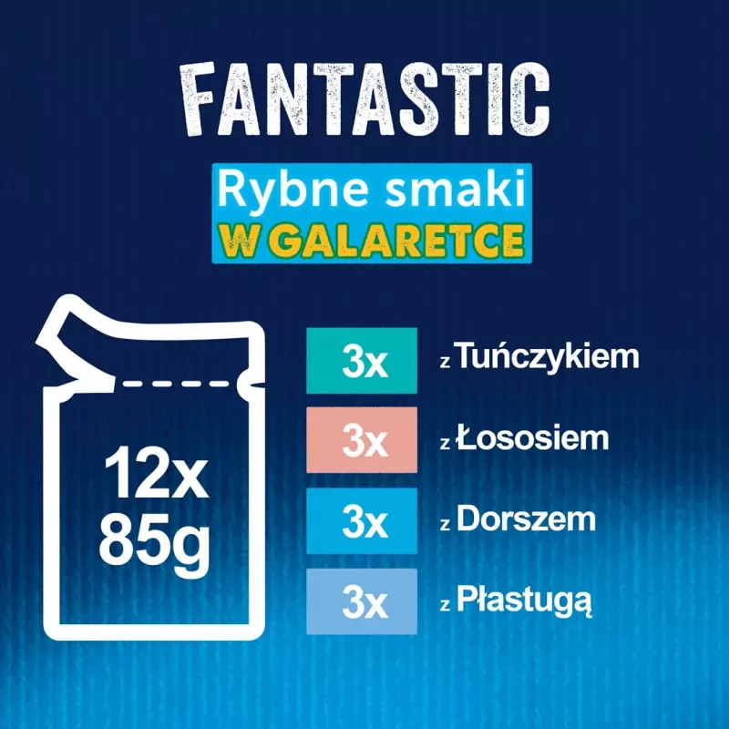 Märg kassitoit Purina Nestlé FELIX Fantastic kalamaitsed — tuunikala, lõhe, tursk, lest, 12×85 g kotikesed