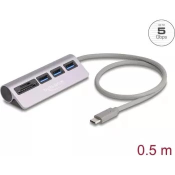 USB-jaotur DELOCK 3-pordiline 5 Gbps SD ja microSD-kaardilugeja ning USB-C-ühendusega