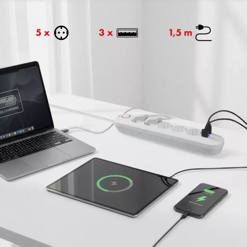 Pistikupesade jaotur MACLEAN MCE395 W — 5 pistikupesa, 3× USB A, 110–240 V AC, 2,1 A USB, max 2500 W, valge, 1,5 m kaabel