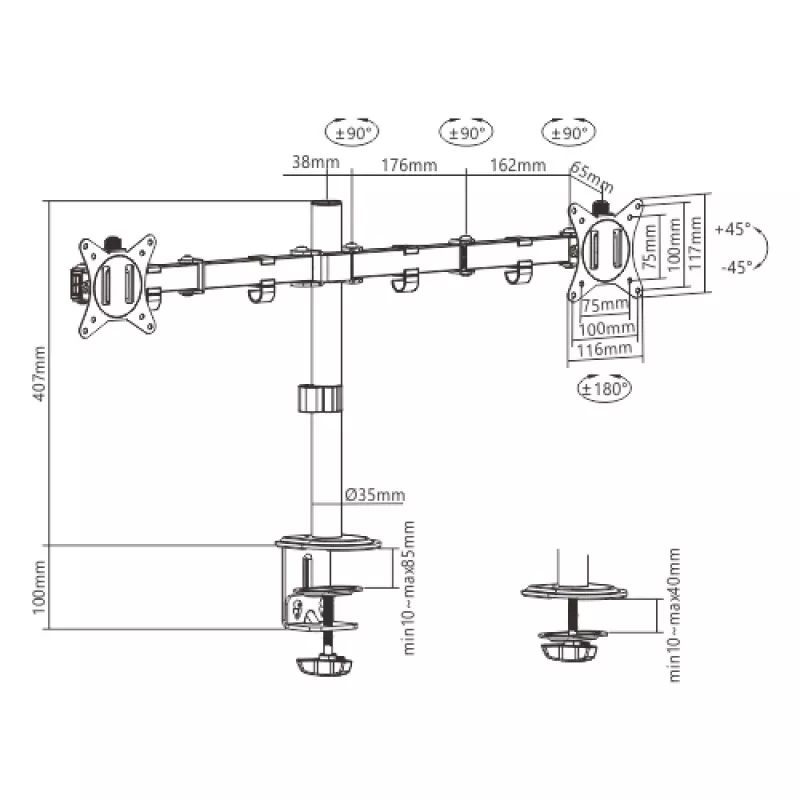 Monitorikinnitus Gembird MA-D2-01 kahele ekraanile kuni 32 tolli, VESA 75x75–100x100, klamber, 18 kg, must