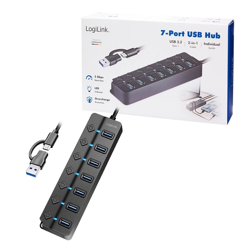 USB 3.2 Gen1 jaotur, 7 porti sisse/välja lülitiga, must
