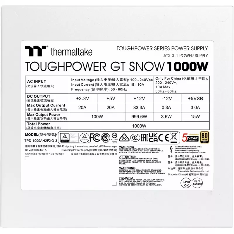 Toiteplokk PSU THERMALTAKE Toughpower GT Snow 1000W ATX 24-pin, 80 PLUS Gold, valge, 120mm ventilaator