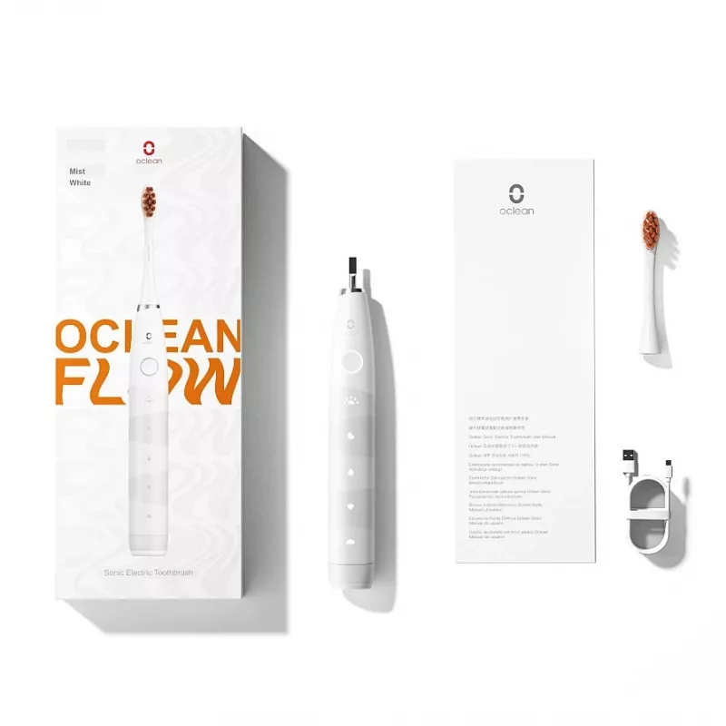 Sonic hambahari OCLEAN FLOW Adult — akutoitel, valgendusrežiim, integreeritud taimer, reguleeritav kiirus, kõrgus 255 mm, valge, 0,13 kg, 1 käepide + 1 harjapea
