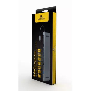 Gembird A-CM-COMBO9-01 USB Type-C 9-in-1 mitme pordi adapter (USB-hub + HDMI + VGA + PD + kaardilugeja + LAN + 3,5 mm heli), kosmosehall