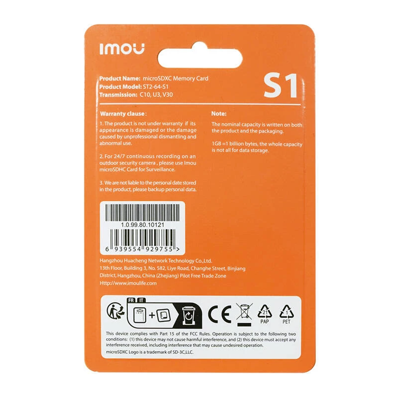 MicroSD mälukaart IMOU ST2-64-S1 64 GB, klass 10, lugemine 95 MB/s, kirjutamine 35 MB/s, U3 V30