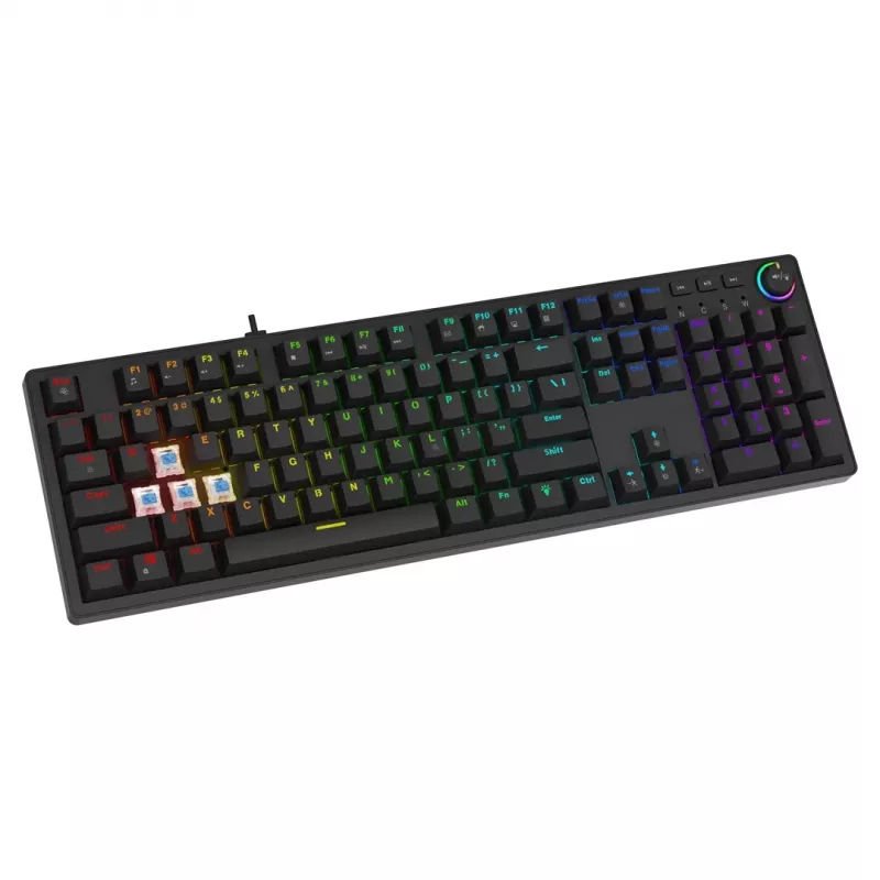 Mänguklaviatuur SAVIO STYX BROWN — mehaaniline Outemu Brown, QZERTY US International, RGB, USB, täissuuruses 104 klahvi, must