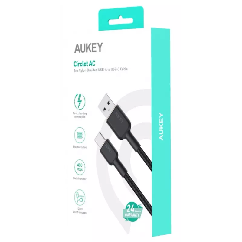 USB A - USB C kaabel Aukey CB-NAC1, 1 m, põimitud nailon, USB PD 60W, USB 2.0