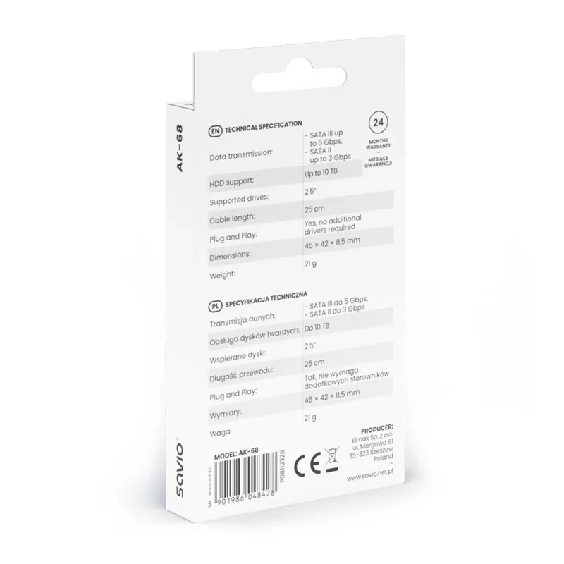 SAVIO SATA-USB 3.1 Gen 1 liidesekaabel AK-68, SATA emane USB-A isasele, 5 Gbit/s, 0,25 m, must