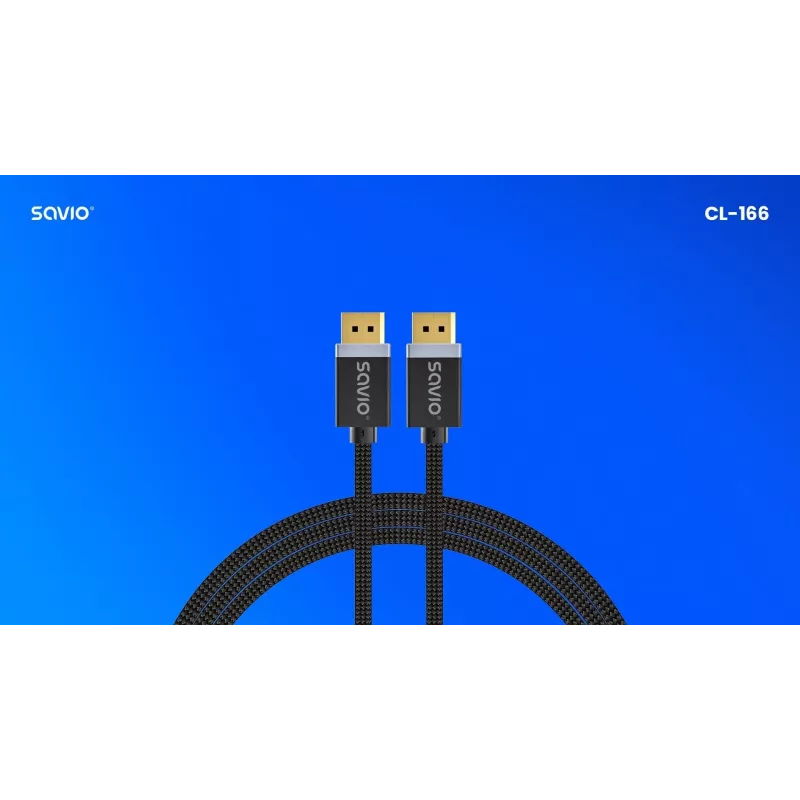DisplayPort-kaabel SAVIO CL-166 2 m Must — DisplayPort 1.4, isane-isanele, kullatud kontaktidega