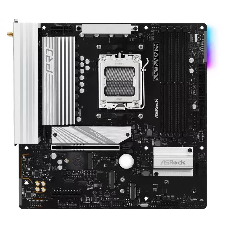 ASRock B850M Pro RS WiFi emaplaat — AMD B850, Socket AM5, microATX, DDR5, 4 DIMM, 256GB, Wi‑Fi 6E, 2.5Gb LAN, 3x M.2