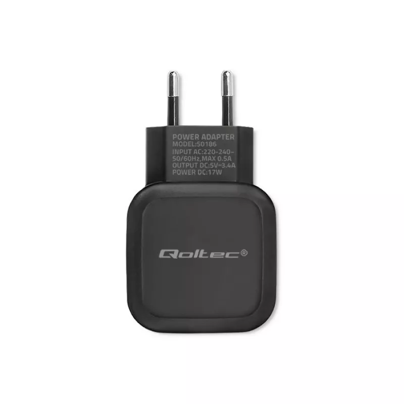 Sisetoiteadapter QOLTEC 50186 nutitelefonile ja tahvelarvutile, 5 V 3,4 A, 17 W, 2× USB, must