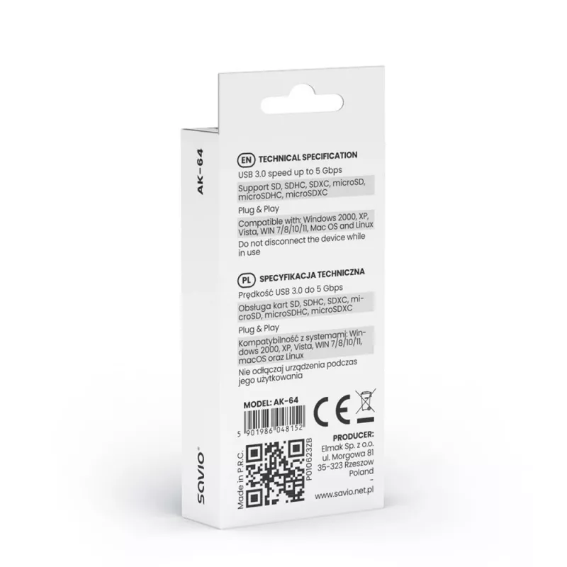 Kaardilugeja SAVIO AK-64 USB 3.2 Gen 1 Type-A väljund, MicroSD pesa, 5000 Mbit/s, must