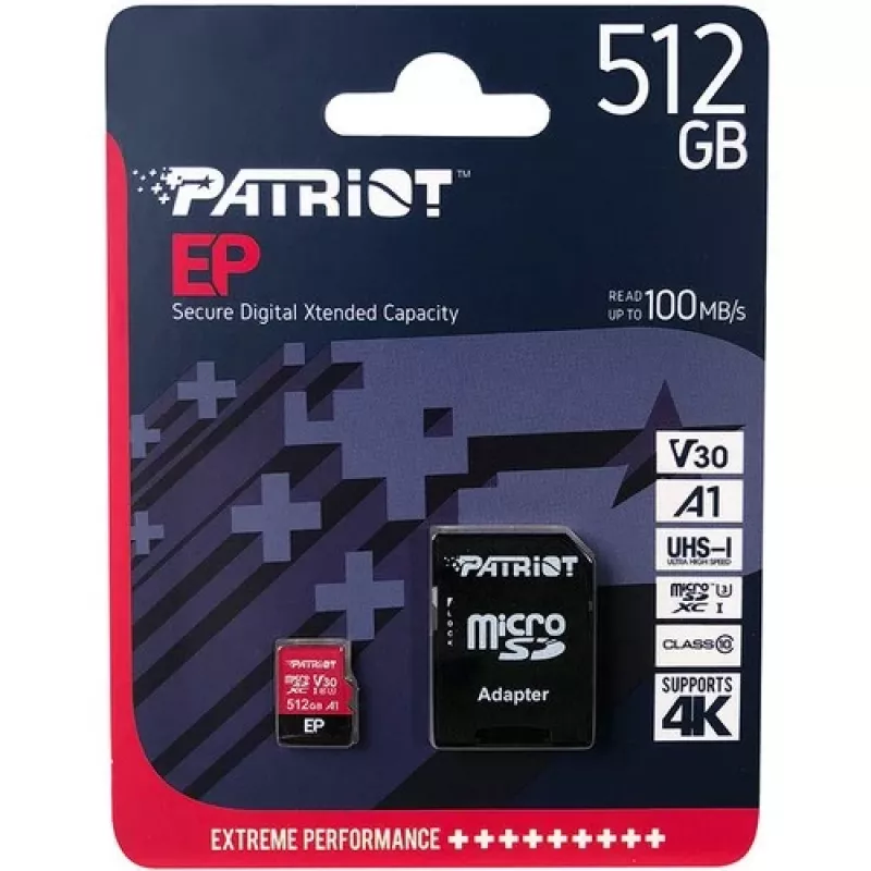 MicroSDXC-mälukaart PATRIOT 512 GB UHS‑I U3 V30 Class 10, lugemiskiirus kuni 90 MB/s, adapter kaasas