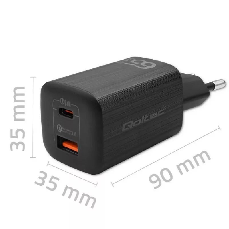 Qoltec 50766 mobiilseadme laadija sülearvutile, kaasaskantavale mängukonsoolile, powerbankile, nutitelefonile, nutikellale, tahvelarvutile, must, vahelduvvoolu kiirlaadimine, siseruumides
