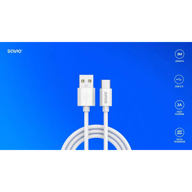 USB 2.0 kaabel SAVIO CL-168, USB A (isane) USB C-le (isane), 3 m, valge