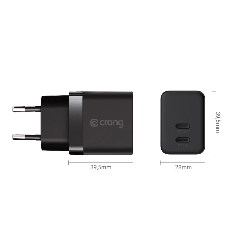 Crong Ultra Compact GaN 35W PD 3.0 2x USB-C seinilaadija (must)
