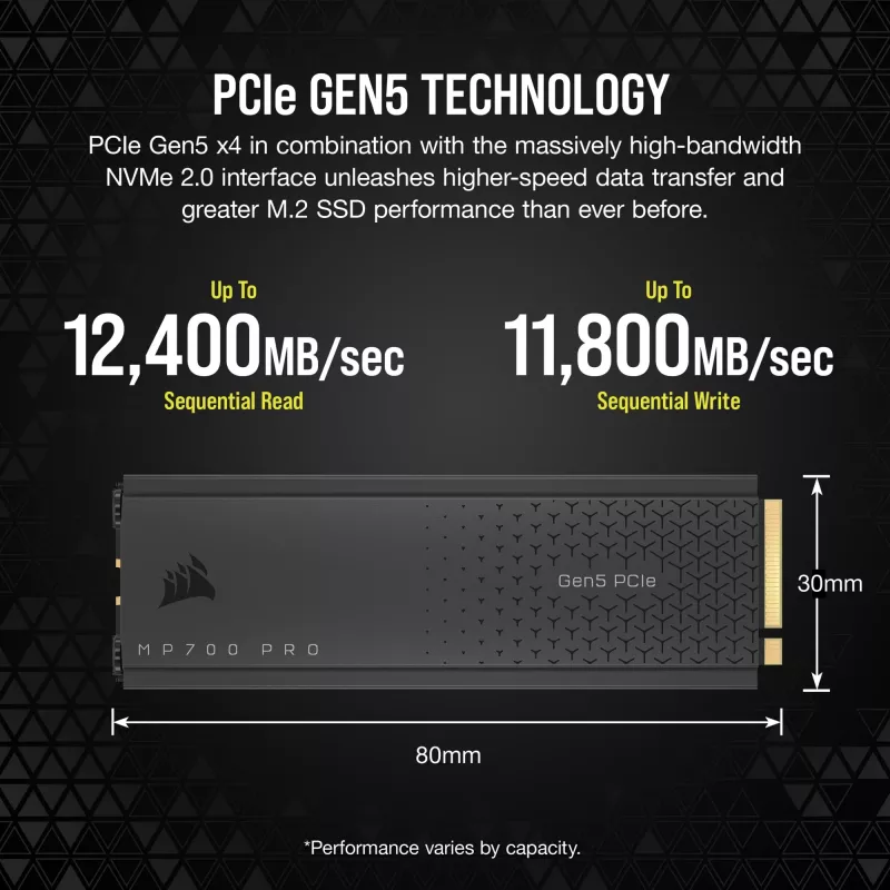 CORSAIR MP700 PRO - SSD - 1TB - sisemine - M.2 2280 - PCI Express 5,0 x4 (NVMe) - 256-bitine AES (CSSD-F1000GBMP700PRO)