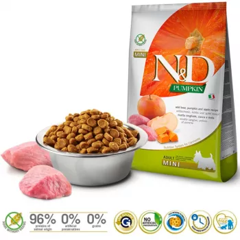 Kuiv koeratoit Farmina N&D Pumpkin Adult Mini Boar & Apple — 7 kg, teraviljavaba, 30% valku, 18% rasva, väikestele täiskasvanud koertele