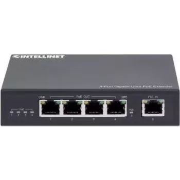 Intellinet 4-pordiline Gigabit Ultra PoE pikendaja, lisab kuni 100 m PoE ulatusele, 90 W PoE toite-eelarve, neli PSE-porti kuni 30 W väljundiga, vastab IEEE 802.3bt/at/af, metallkorpus