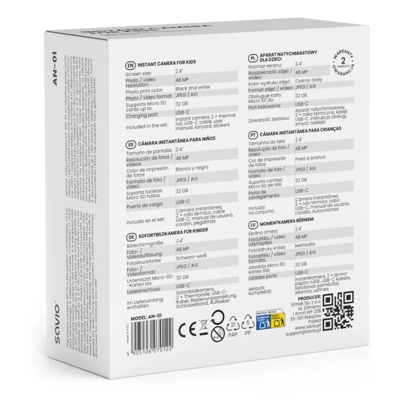 Kiirtrükiga lastekaamera SAVIO AN-01, valge, 2,4-tolline LCD, MicroSDHC kuni 32 GB, USB-C, 1200 mAh aku, sisseehitatud välklamp puudub