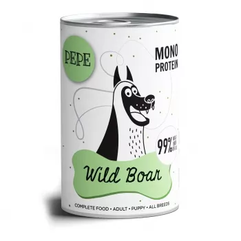 Märg koeratoit PAKA ZWIERZAKA Pepe Metssiga 400 g — täiskasvanud, metssea maitse, 8,2% valku, 6,2% rasva, purk