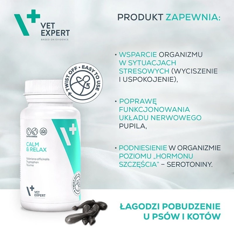 Rahustav toidulisand VETEXPERT Calm&Relax 30 kapslit koertele ja kassidele, gluteenivaba, säilitusainetevaba, kapslikujul