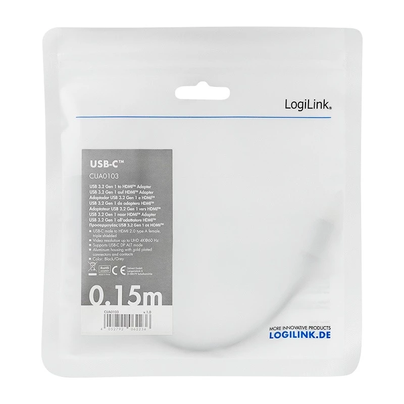 LogiLink CUA0103 USB 3.2 Gen1 USB-C to HDMI-A kaabel 0,15 m must hall