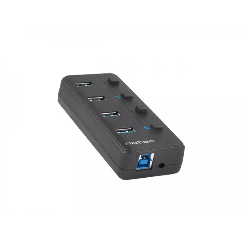USB-jaotur NATEC MANTIS USB 2.0 Type-B — 4x USB 3.2 Gen 1 Type-A porti, must, 0,8 m kaabel, vahelduvvooluadapter, toitelüliti