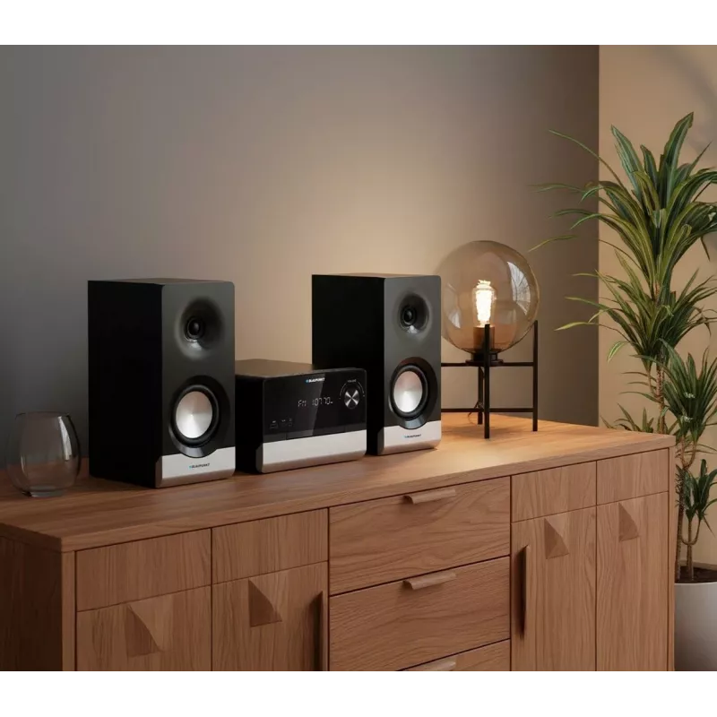 Kodune helimikrosüsteem BLAUPUNKT MS40.2BT — 2×50 W RMS, Bluetooth, CD, USB, HDMI ARC, optiline sisend, LED-ekraan (must)