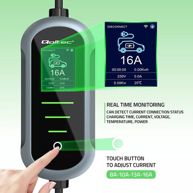 Elektriauto laadija QOLTEC Mobile EV 2in1 Type2 11 kW 400 V Wi‑Fi TUYA SMART LIFE LCD kaasaskantav seinalaadija 5 m kaabel