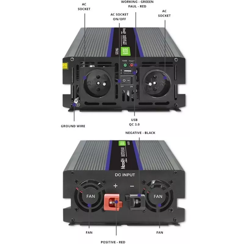 Pingemuundur QOLTEC Monolith 3000 MS Wave, 12 V → 230 V, 1500/3000 W, USB-ga