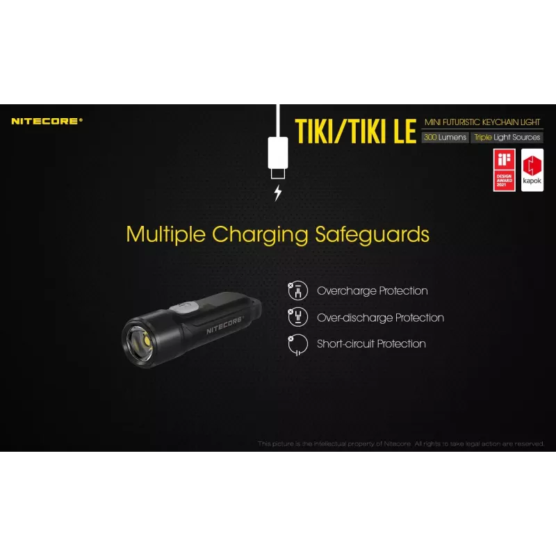 Käsitaskulamp Nitecore TIKI LE — 300 lm, USB-laetav, polükarbonaat, IP66, põrutuskindel, 10,5 g, 55 mm, Must