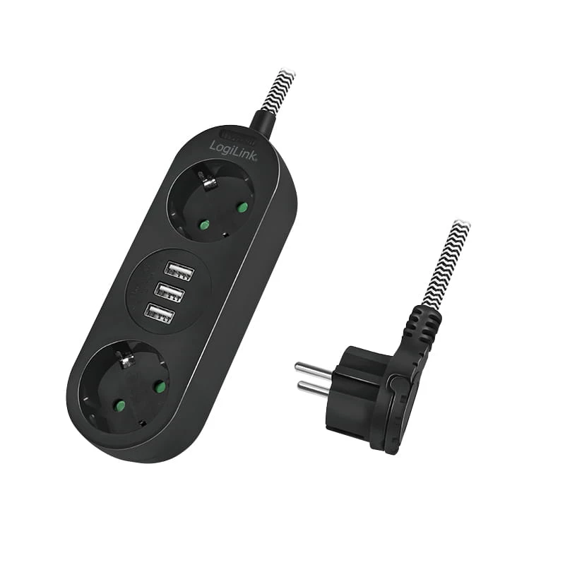 Pikendusjuhe LogiLink LPS262U 1,5 m 2 vahelduvvoolupistikut siseruumidesse must