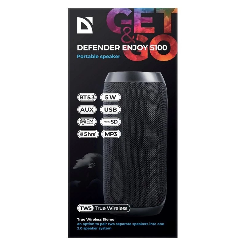Kantav Bluetooth-kõlar DEFENDER ENJOY S100 — 10W, Bluetooth 5.3, 5h aku, LED-valgustus, sisseehitatud mikrofon