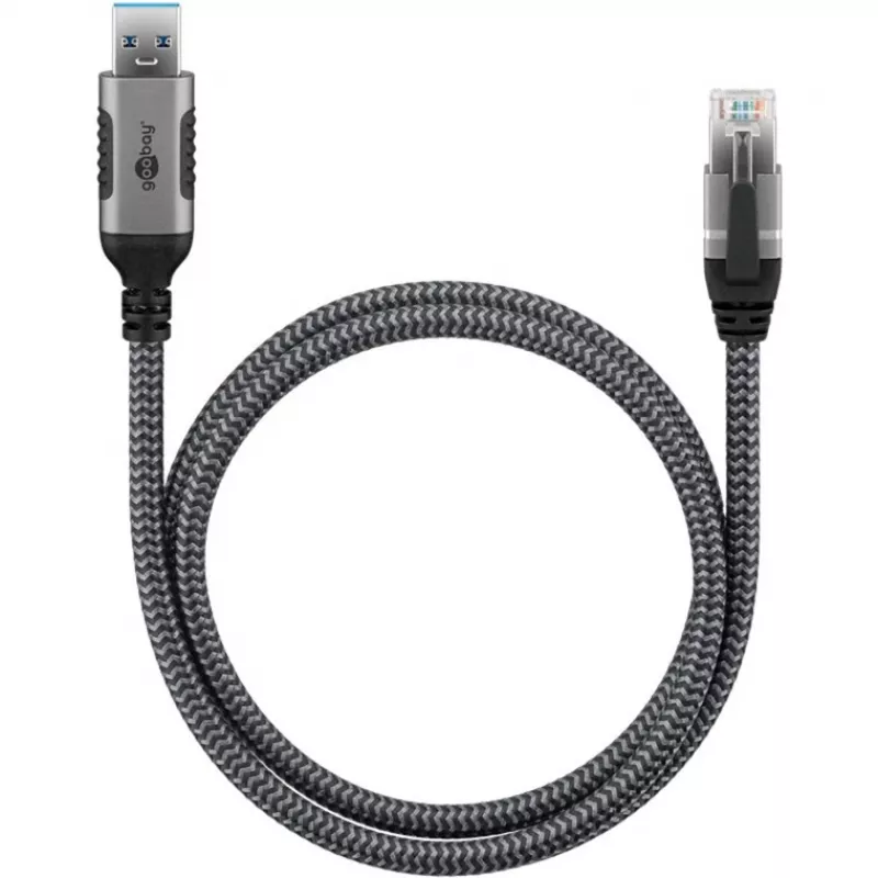 Etherneti kaabel USB-A 3.2 Gen1 pistik > RJ-45 pistik, LAN-adapter must/hõbedane, 5 meetrit, punutud tekstiilkattega