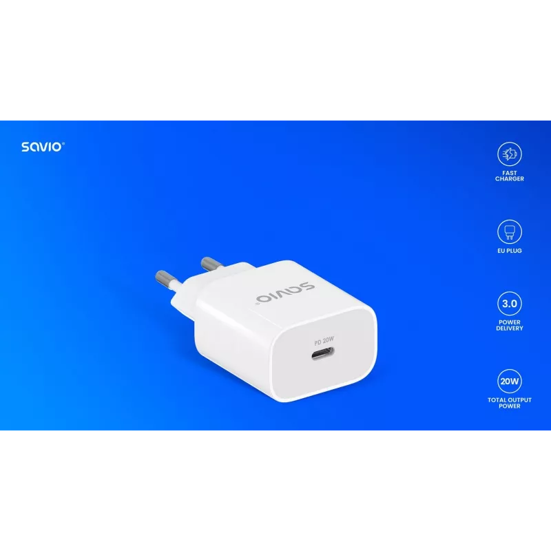 Seinalaadija 20W LA-09 USB-C QC, PD 3.0 Savio SAVLA-09
