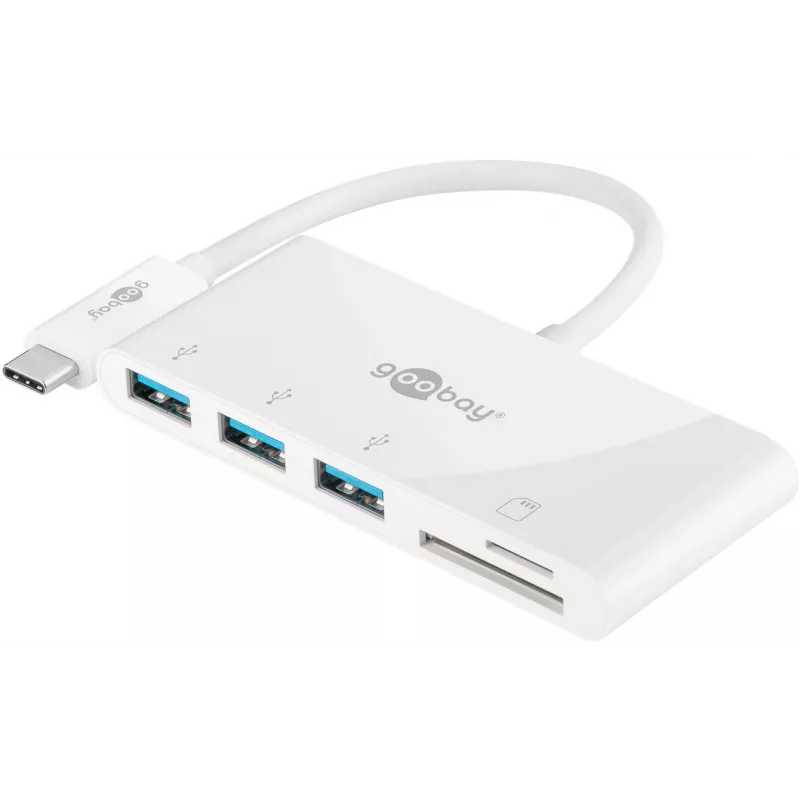 Goobay USB-C™ mitmepordiadapter ja kaardilugeja, valge, 0,15 m – laiendab USB-C™ seadet kolme USB 3.0 pordi ning SD/MMC- ja microSD-kaartide pesaga (62097)