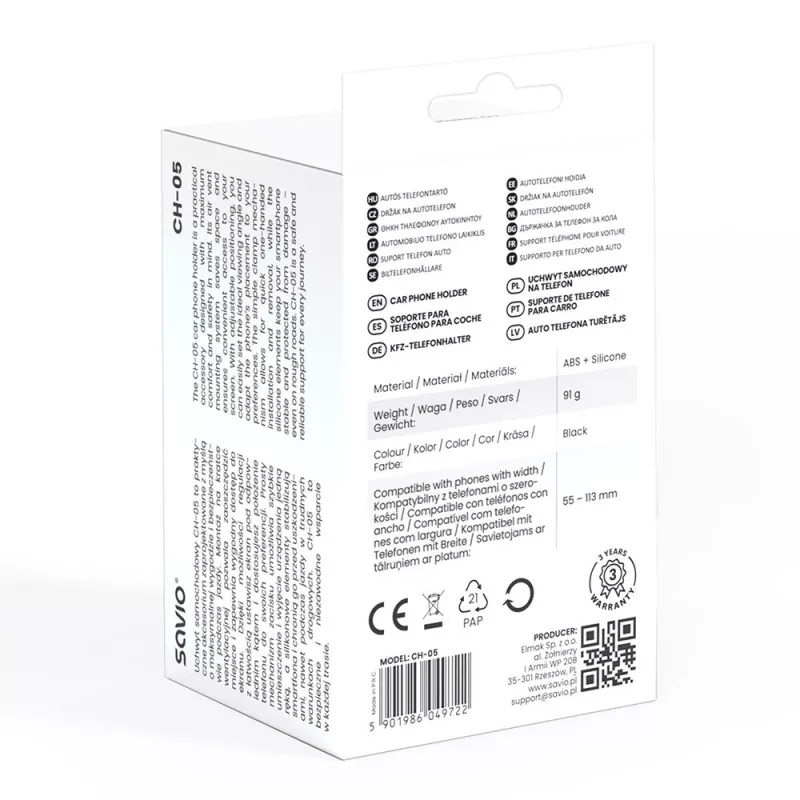 Telefoni käepide SAVIO CH-05, must — vastupidav kaitsetarvik mobiiltelefonidele
