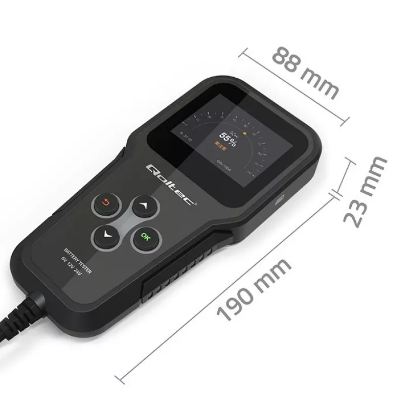 Qoltec 52489 Digitaalne aku analüsaator tester 3-in-1 LCD-ekraani ja mitmekeelse liidesega 6V | 12V | 24V | 30Ah-200Ah