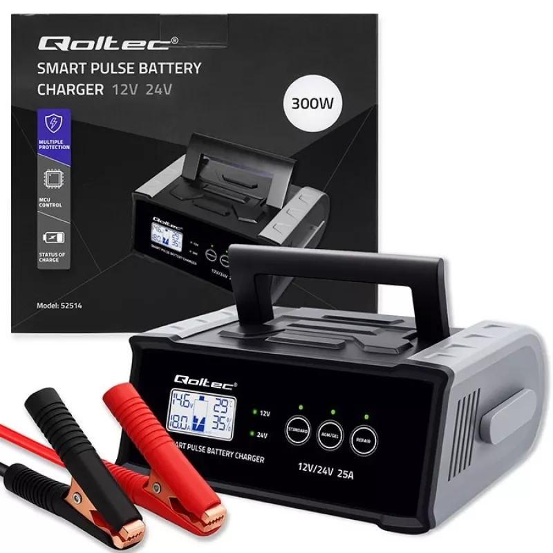 Akulaadija QOLTEC 52514 — 12V/24V, 25A, AGM/GEL/SLA akudele, LCD-ekraaniga