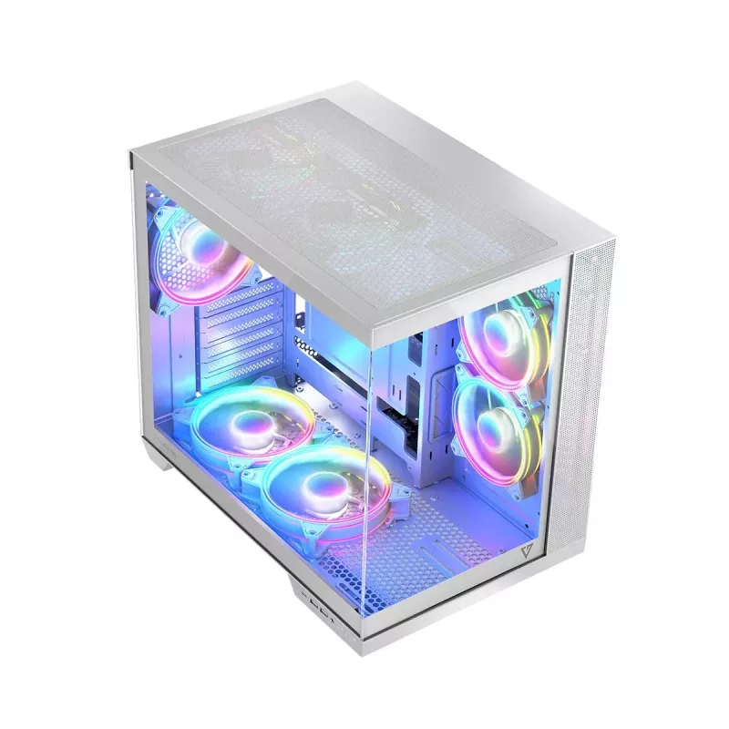 PC korpus MODECOM Volcano Panorama Midi Tower valge — micro ATX, karastatud klaas, ARGB, USB-C, toetab GPU-d 400 mm