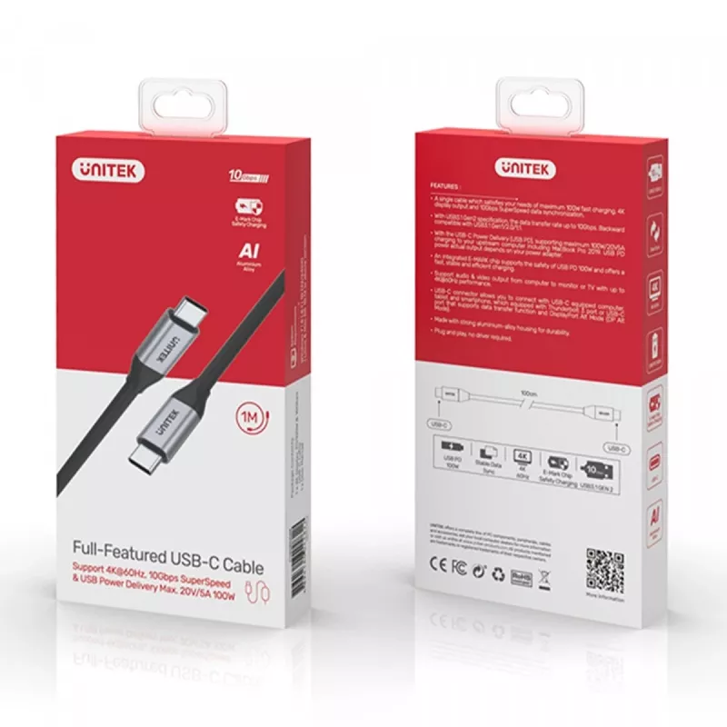 USB-C–USB-C andme- ja laadimiskaabel Unitek C14082ABK 1 m, USB 3.2 Gen 2 (10 Gbit/s), 100 W PD, must