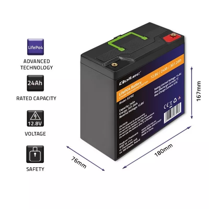 Qoltec 53702 LiFePO4 liitiumraudfosfaataku | 12,8V | 24Ah | 307,2Wh | BMS