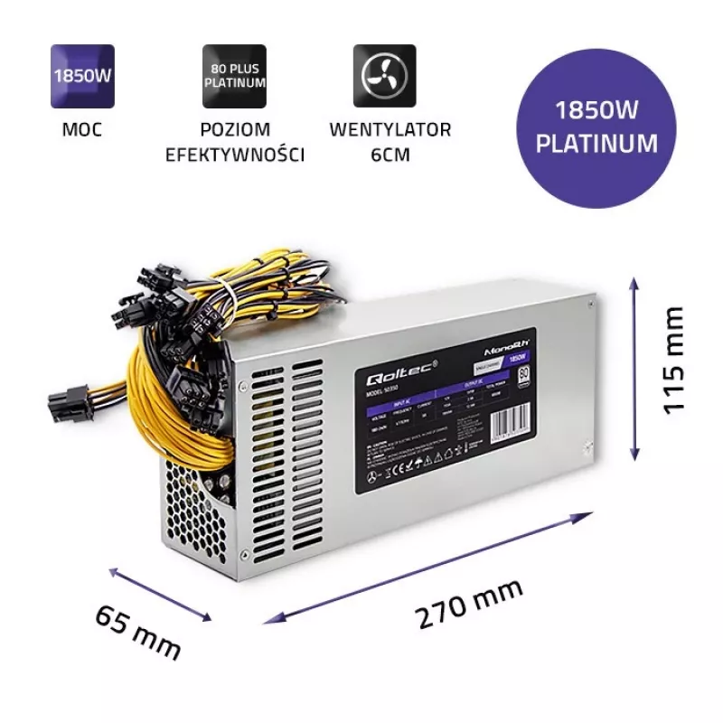 Qoltec 50350 toiteplokk 1850W PCI-E | 80 Plus Platinum | Gaming Miner